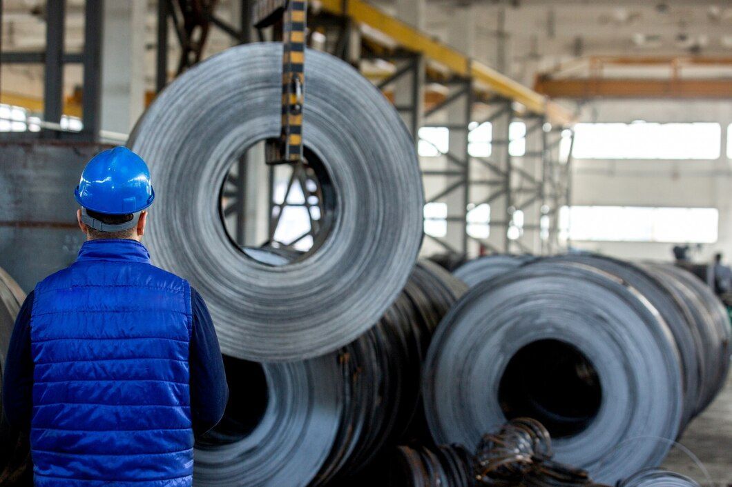 In a factory work scenario, a staff member wearing a blue safety helmet and a blue vest is intently watching a hot-rolled steel coil being lifted by a crane. Surrounding them are neatly stacked multiple hot-rolled steel coils. The massive steel coils and the orderly factory environment demonstrate the solidity and standardization of the steel production and processing 环节,highlight the important position of hot-rolled steel coils as a basic material in industrial production, and also convey a rigorous and orderly atmosphere during factory operations.