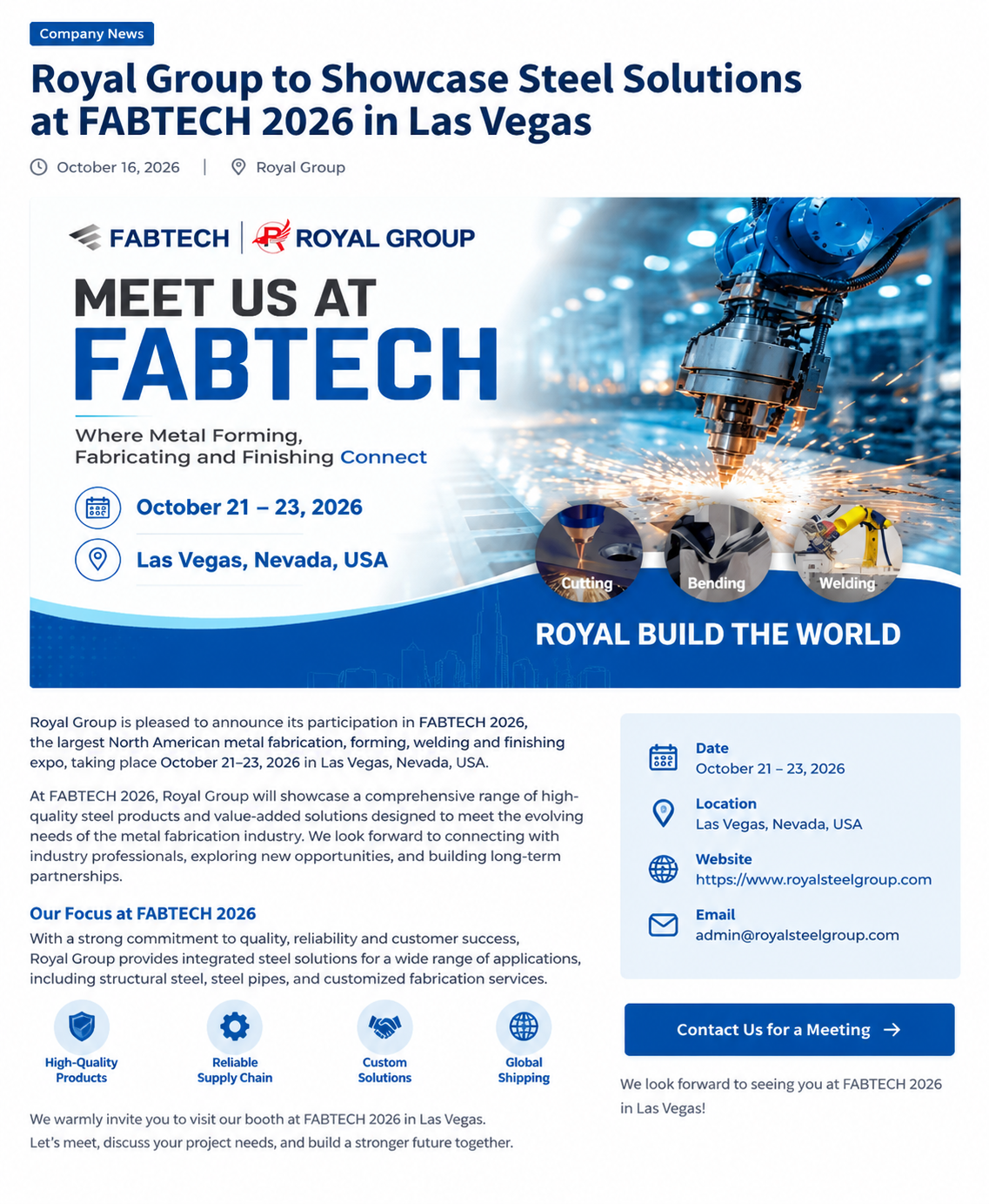 Meet Us in Las Vegas! Royal Group Invites You to FABTECH 2026